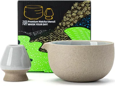Produktbild von Matcha-Schale mit Steinstruktur und Schneebesenhalter, 18 OZ, Dunkelgrau