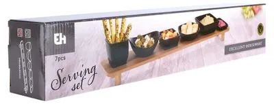 Produktbild von Excellent Houseware Tapas-Servierset, Keramik/Bambus, 50 x 8,5 x 9 cm, schwarz/braun