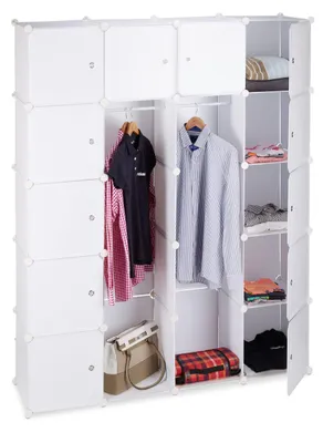 Kleiderschrank, Klicksystem, 14 Fächer, 2 Stangen, Kunststoff, weiß