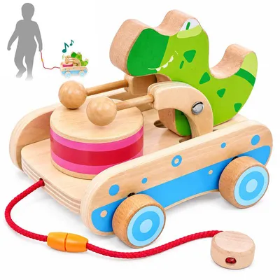 Produktbild von Nachziehspielzeug aus Holz, Nachziehkrokodil mit Trommel, Lauflernspielzeug ab 12 Monaten, ohne Batterie, für Krabbeln & Laufen lernen