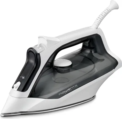 A studio shot of a white and black Rowenta steam iron against a white background.