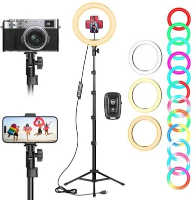 Image de Anneau lumineux LED Azomor à intensité variable avec trépied et support pour téléphone, pour la vidéo et la photographie