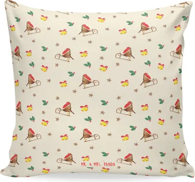 Produktbild von Mr. & Mrs. Panda Kissen 40x40 Rotkehlchen Schlitten - Gelb - Geschenk, Kuschel, Dekokissen, Vogel, kuschelkissen, Weihnachten, Deko, Sofa