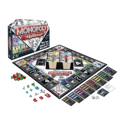 A Monopoly Millionär board game set is displayed on a white background, with the box and game board laid out.