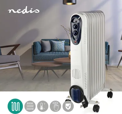 Produktbild von Nedis Htoi30Wt9 Mobiler Ölradiator 800 / 1200 / 2000 W 9 Lamellen Einstellbarer Thermostat 3 Wärmestufen Einsturzschutz Weiß
