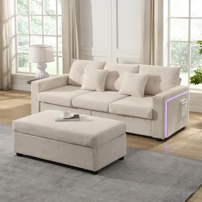 Zdjęcie produktu dla Zestaw Sweiko z 5 poduszkami] Nowoczesna kombinacja sofy LED z siedziskiem przypominającym chmurę: 3-osobowa sofa + duża zdejmowana otomana, wytrzymałe modułowe meble do salonu w kształcie litery L