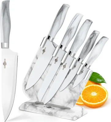 Produktbild von KAZUSHI Messerblock mit Messer 6-teilig, Weiß Scharfe Küchenmesser, Profi Messerset mit Block, Edelstahl Messer Set (KA-KN64)