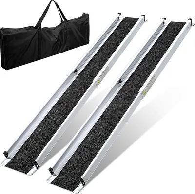 Produktbild von 2 x 105-183 cm Rollstuhlrampe, Aluminium Auffahrrampe bis 300 kg, Rampe Rollstuhl, Teleskoprampe mit Textiltasche, Rollstuhlrampe Klappbar, Rollstuhlrampen, Treppenrampe für Rollstuhl