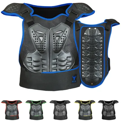 Vorder und Rückansicht der BULLDT Titan Motorrad Schutzweste in Blau aus atmungsaktivem Polyester mit gepolstertem Nacken und flexiblem Rückenprotektor für Komfort Bewegungsfreiheit und Sicherheit jetzt kaufen