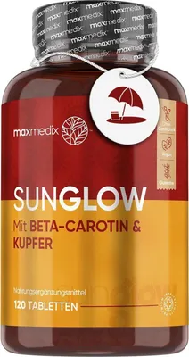 Produktbild von maxmedix Sunglow als Multivitamin Tabletten - Mit Kupfer, Zink, Jod, Vitamin A, B3 & B2 - 120 Bräunungsbeschleuniger Tabletten - Bräunungskomplex