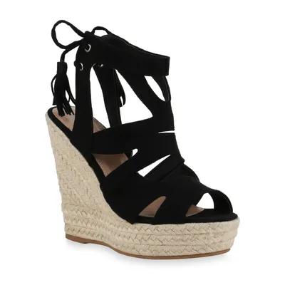 Produktbild von VAN HILL Damen Bast Keilsandaletten Cut-Outs Quasten Sommer Schuhe 816039, Farbe: Schwarz, Größe: 36