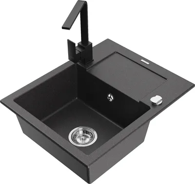 Produktbild von Mexen Enzo 1 Becken-Granitspüle mit Abtropffläche und Mischbatterie Rita, Schwarz gesprenkelt - 6506-76-670300-70