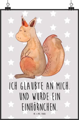 Produktbild von Mr. & Mrs. Panda Bild Einhorn Glauben DIN A2 - Grau Pastell - Geschenk, Kunstdruck, poster, Eichhorn, Einhörner, wanddeko, Einhörnchen, Eichhörnchen, Plakat, Unicorn