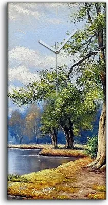 Produktbild von Wanduhr Bürouhr Leinwand Bild 30x60 Gemälde Fluss Wald Bäume Landschaft Wolken - weiße Hände