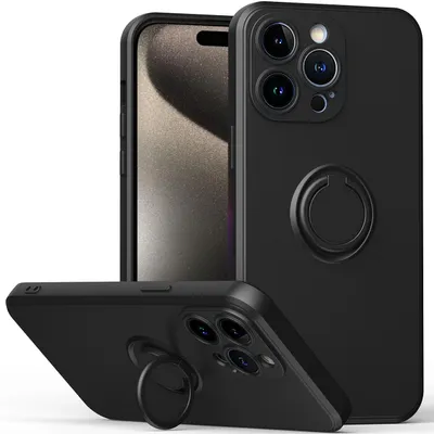 Obrázek produktu pro Pouzdro pro iPhone 15 Pro odolné proti poškrábání, měkký silikon pouzdro s prstencovým držákem a stojánkem černé