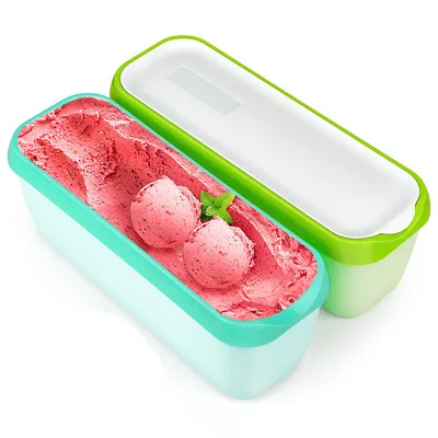 Two ice cream containers, one filled with strawberry ice cream and two scoops, with mint leaves, and the other empty with its lid open.