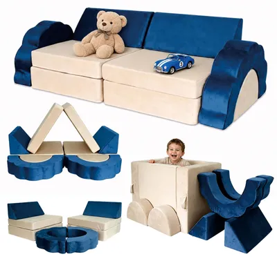 Produktbild von Relaxdays Kinder-Spielsofa, modular, 10-tlg., weiche Bausteine, Kindercouch, Samt, HBT: 47x150x65 cm, Spielcouch, blau