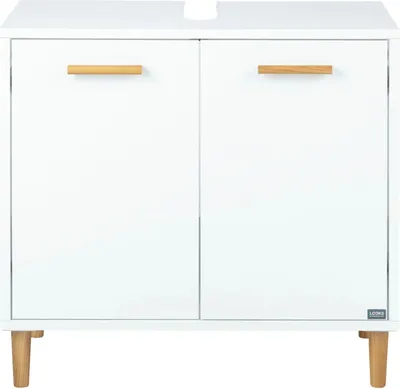 A white bathroom cabinet with wooden legs and handles.