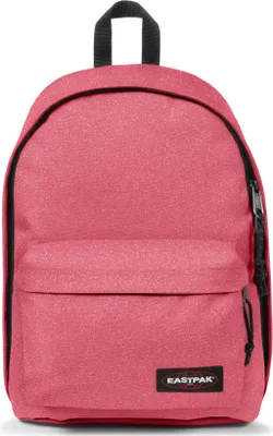 A pink Eastpak backpack is shown against a white background.