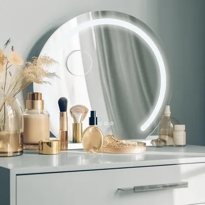 Obrázek produktu pro Puluomis make-up zrcadlo kosmetické zrcadlo 50x48cm Hollywoodské zrcadlo, stmívatelné s LED osvětlením 3 barvy světla, 2 v 1 stolní zrcadlo nástěnné zrcadlo kulaté