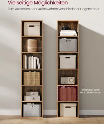 Two tall, narrow bookshelves filled with various items, demonstrating storage and display possibilities.