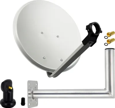 A satellite dish and its mounting hardware are displayed against a white background.