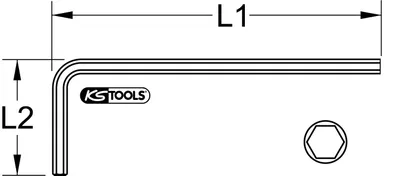 A diagram of an L-shaped hex key with dimensions labeled L1 and L2, and a view of the hexagonal end.