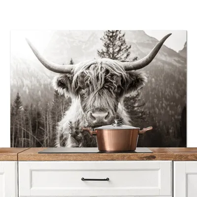 Produktbild von KitchenYeah®  Spritzschutz Küche - Küchenrückwand - Wandschutz für Herd und Spüle - Schottisches Hochlandrind - Kuh - Tiere - Schwarz - Weiß 120x80 - Alu-Dibond (Alternative zum Spritzschutz aus Glas)