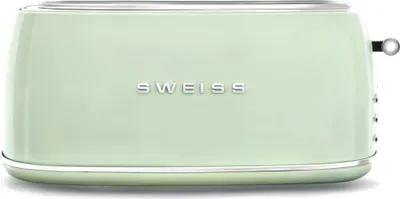A light green vintage-style toaster with silver trim and the brand name 'SWEISS' embossed on the front.