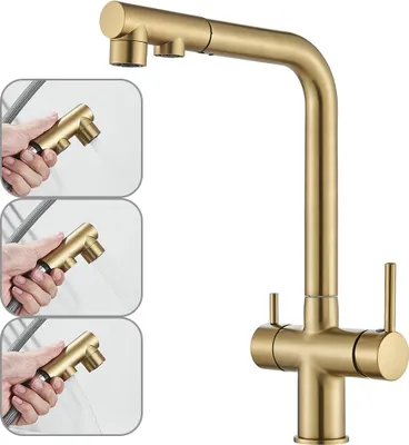 Obrázek produktu pro Filtrovaná kuchyňská baterie, dvojitá rukojeť, vytahovací tryska, kartáčované zlato