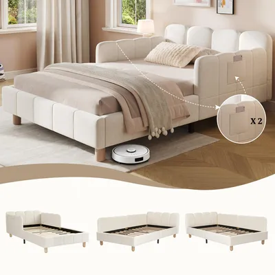 Produktbild von Merax Tagesbett Polsterbett 90x200 cm, Kinderbett mit Rausfallschutz, gepolstertes Kopfteil, Bettgestell mit Lattenrost, Massivholz Beine, Samt Beige