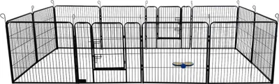 A black metal pet playpen with multiple panels and a small door.