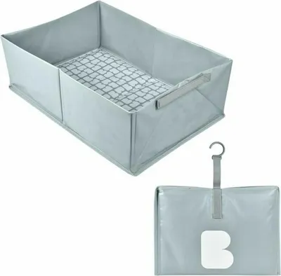 A collapsible baby bathtub and a folded accessory with a hook are shown against a white background.
