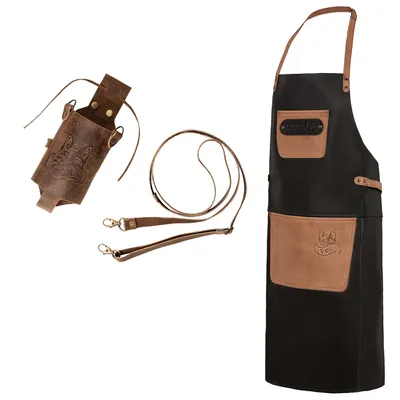 Produktbild von SET ALPHA Büffelleder Grill Koch & Küchen Schürze + Holly Getränkeflaschenholster