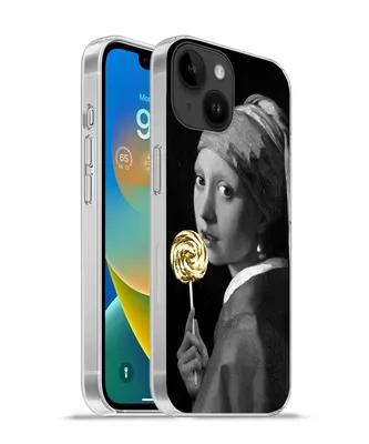 Produktbild von MuchoWow® Handyhülle Schutzhülle Hülle für Apple iPhone 14 - Softcase Mädchen mit Perlenohrring - Lollipop - Schwarz und Gold Silikon Softcase Handy Hülle - Mobiltelefonhülle
