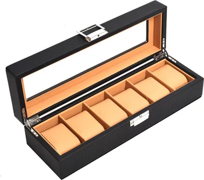 Produktbild von Uhren-Organizer-Box mit Glasdeckel, 3/5/6 Fächer, Uhrenvitrine für Herren und Damen, Armbanduhrenhalter aus Kunstleder mit abnehmbaren Kissen