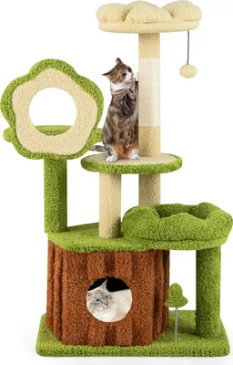 Produktbild von GOPLUS Kratzbaum klein, 100 cm Katzenbaum mit Höhle, Aussichtsplatz, Schlafbett, Plattformen, Kratzstamm, Bommel & Sprungball, Klettermöbel für Katzen