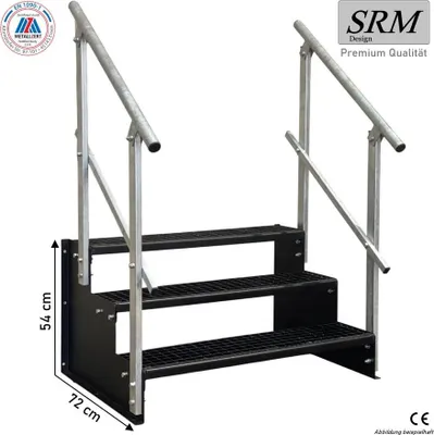 Zdjęcie produktu dla Schody stojące, 3 stopnie, model 2, kolor czarny, szerokość 160 cm, wysokość 54 cm, 2 sztuki poręczy prostokątnych