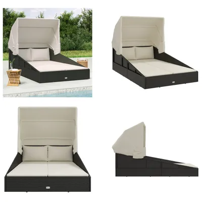 Produktbild von vidaXL Sonnenliege mit Faltdach Schwarz 200x114x128 cm Poly Rattan - Sonnenliege - Sonnenliegen - Sonnenbett - Tagesbett