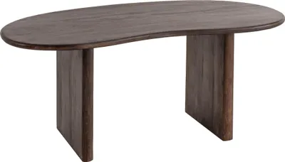 Schreibtisch Akazie Massivholz 180x90x75cm Retro Dunkelbraun mit ovaler, dunkelbraun gebeizter Platte in Gesamtansicht.