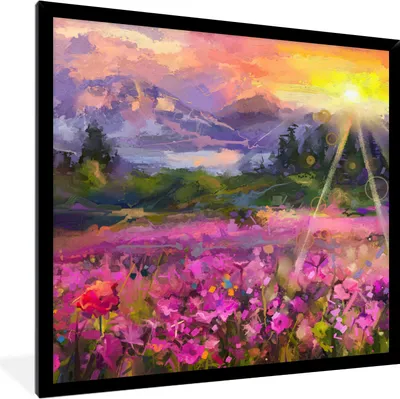 Produktbild von MuchoWow® Gerahmtes Poster Gemälde - Ölfarbe - Blumen - Natur - Sonne 40x40 cm - Poster mit Schwarzem Bilderrahmen Wandposter Rahmen Foto Bilder - Mit Rahmen - Wanddekoration Schlafzimmer