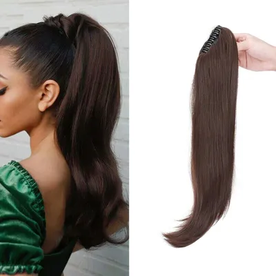 Obrázok produktu pre Syntetické vlasy "koňský chvost", kučeravé, s klipsami, 55 cm, stredne hnedé