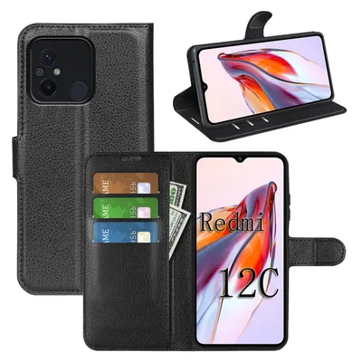 A collage of images showing a black flip case for a Xiaomi Redmi 12C phone, with the phone inside and some cards and cash in the case.