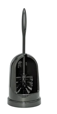 A black toilet brush and holder set against a white background.