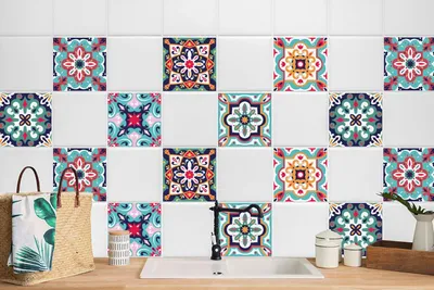 Produktbild von 24 Stück Laminierter Aufkleber Küchen Wandfliesen Bad Deko Motive Mexikanisches Muster 20 x 20 cm