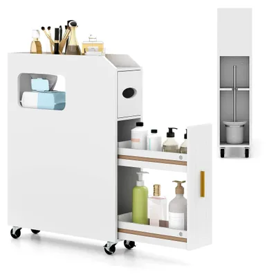 Produktbild von Badezimmerschrank mit Schublade auf Rollen, kleiner Nischenschrank mit Taschentuchbox und Bürstenhalter, Holz Badschrank, Mehrzweckschrank für kleine Räume (Weiß)