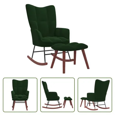 Immagine prodotto di The Living Store Sedia a dondolo con sgabello in velluto verde scuro