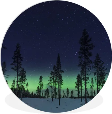 Produktbild von MuchoWow® Rundes Wandbild - Runde Bilder Nordlicht - Schnee - Bäume - Natur - Grün Ø 90 cm Kreis Wanddekoration Kunststoff - Wandkreis - Wandschmuck - Wand-Kreis - Wohnzimmer - Bild - Runde - Wanddeko - Dibond - Kunstdrucke