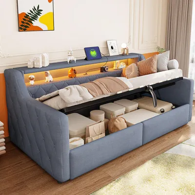 Produktbild von Flieks Schlafsofa 90x200cm mit USB und Type-c, Hydraulisches Polsterbett Tagesbett mit Led, Jugendbett Stauraumbett mit Ablage, Leinen, Grau