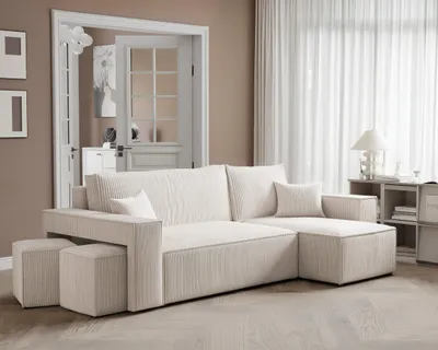 Produktbild von Idohome–Moderne Ecksofa PARIS mit Hockern mit Schlaffunktion, L-förmigen, Universale Couch, Bettcouch - Farbe: Creme Poso 100